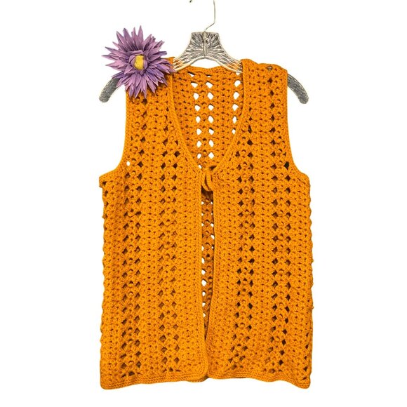 Vintage 70s Gold Hand-Crocheted Sleeveless Vest With Open Front - Picture 1 of 6